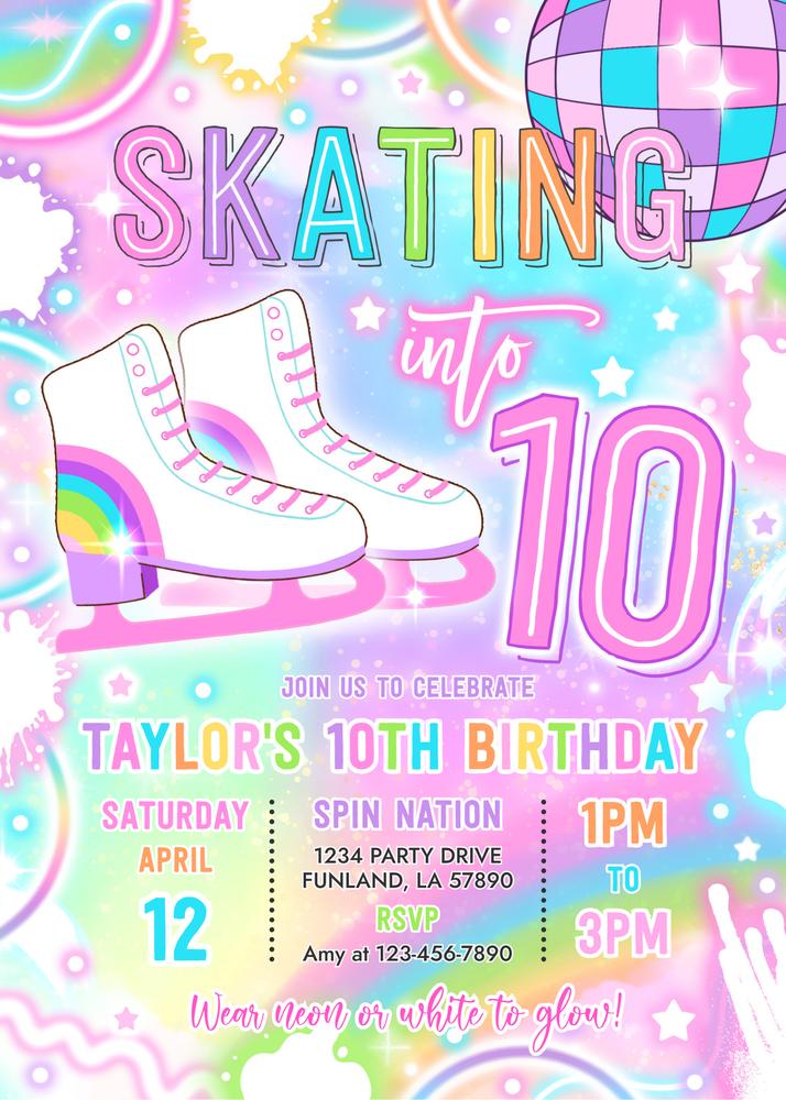 Neon Glow Ice Skating 10th Birthday Invitation | Editable Canva Template