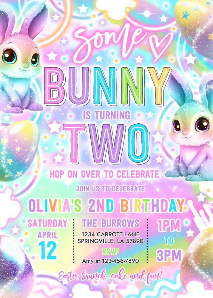 Neon Glow Some Bunny is 2nd Birthday Invitation | Editable Canva Template