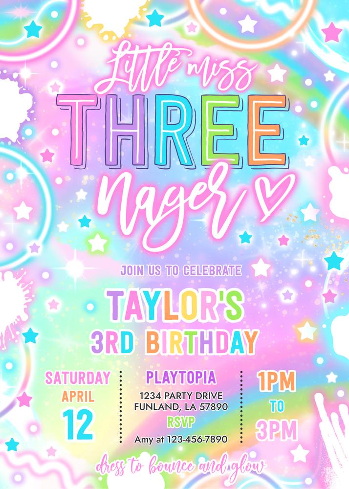 Neon Glow Little Miss Three-nager 3rd Birthday Invitation Canva Template