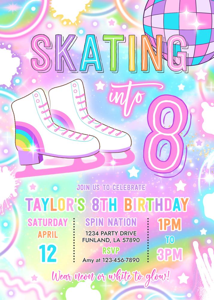Neon Glow Ice Skating 8th Birthday Invitation | Skatin Into Eight Canva Template