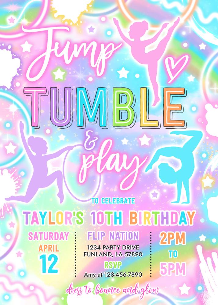 Neon Glow Gymnastics Birthday Invitation | Editable Canva Template