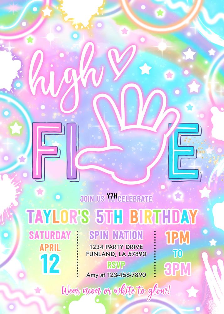 Neon Glow High Five 5th Birthday Invitation | Editable Canva Template