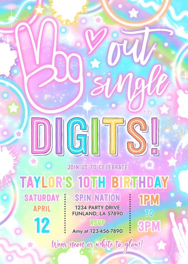 Neon Glow Peace Out Single Digits 10th Birthday Invitation Canva Template