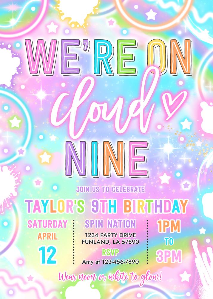 Neon Glow Cloud 9 Birthday Invitation | Editable 9th Birthday Canva Template