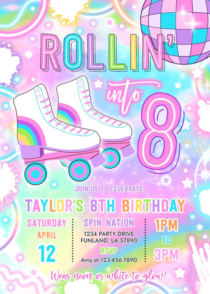 Neon Roller Skating 8th Birthday Invitation | Glow Party Canva Template