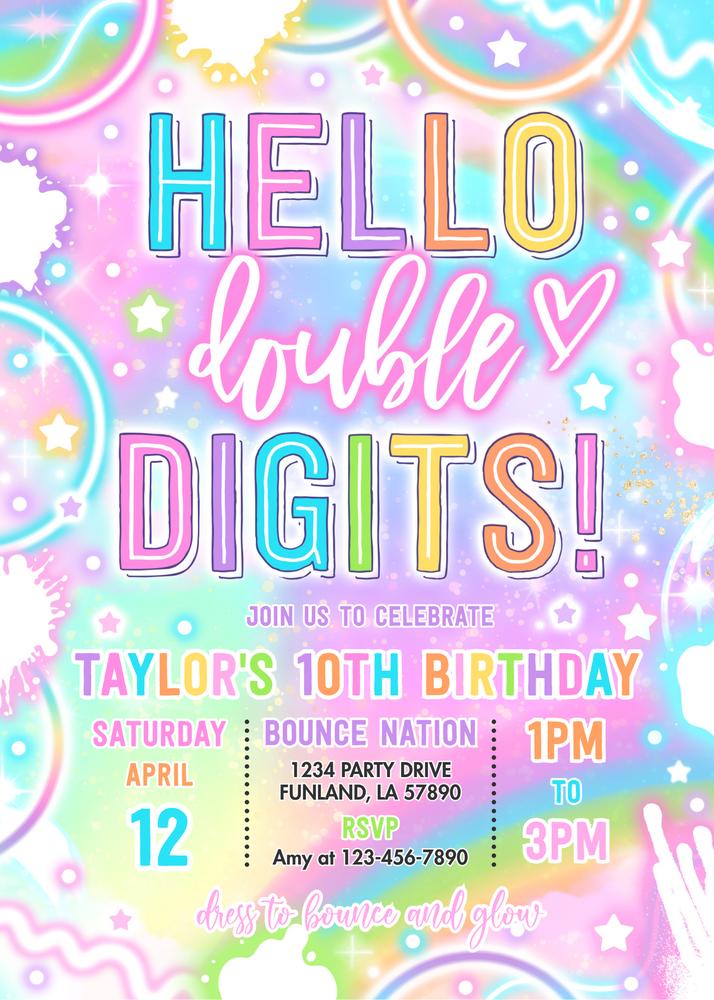 Neon Glow 10th Birthday Invitation | Editable Canva Template Double Digits