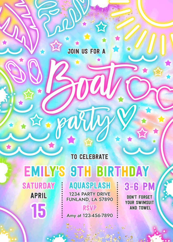 Editable Neon Glow Tie Dye Boat Birthday Party Invite | Canva Template