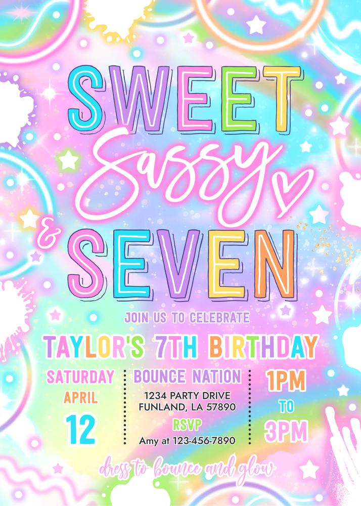 Neon Glow Sweet Sassy and Seven Birthday Invitation | Editable Canva Template