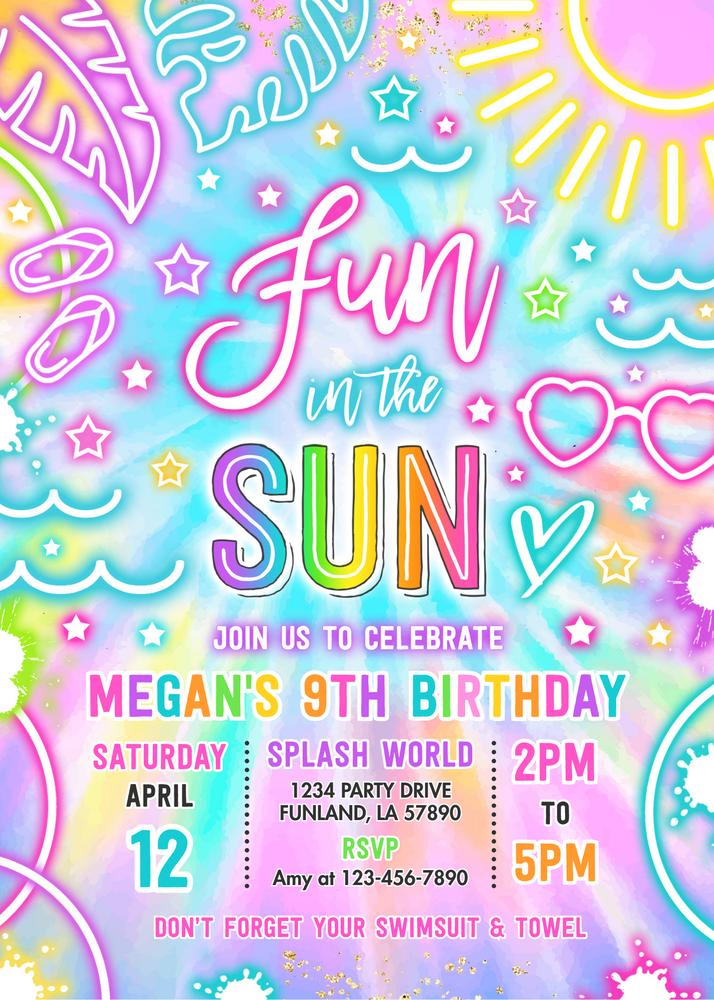 Neon Glow Tie Dye Pool Party Invitation | Editable Canva Template Fun In The Sun