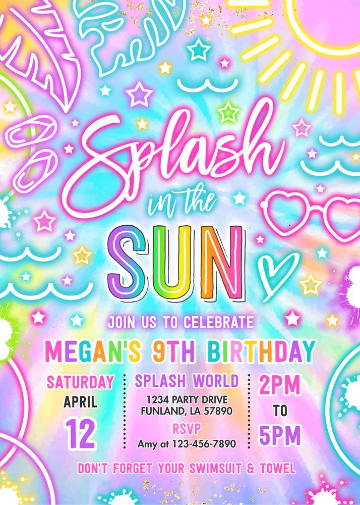 Glow Neon Tie Dye Pool Party Invitation | Editable Canva Template Y3