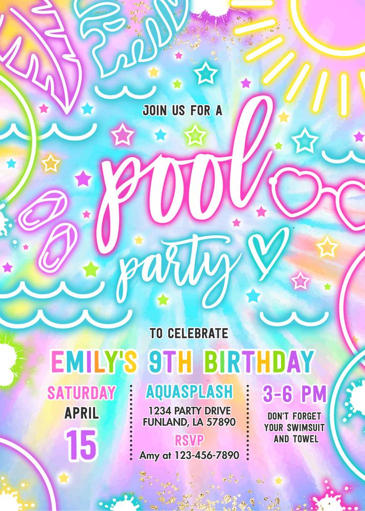 Glow Neon Tie Dye Pool Party Birthday Invitation | Editable Canva Template