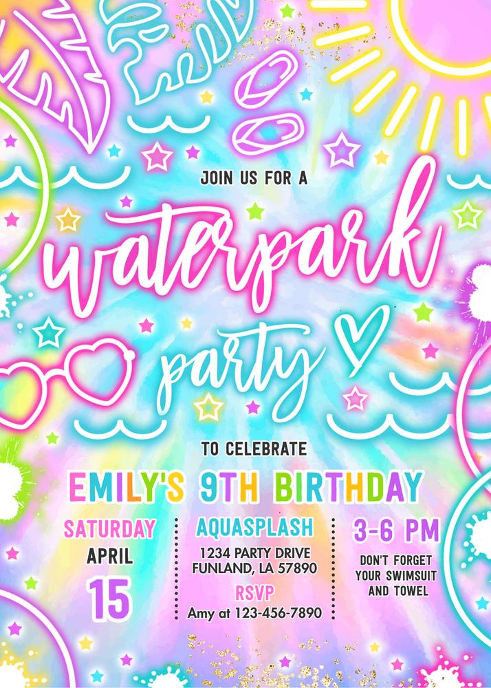 Glow Neon Tie Dye Water Park Birthday Party Invitation Canva Template