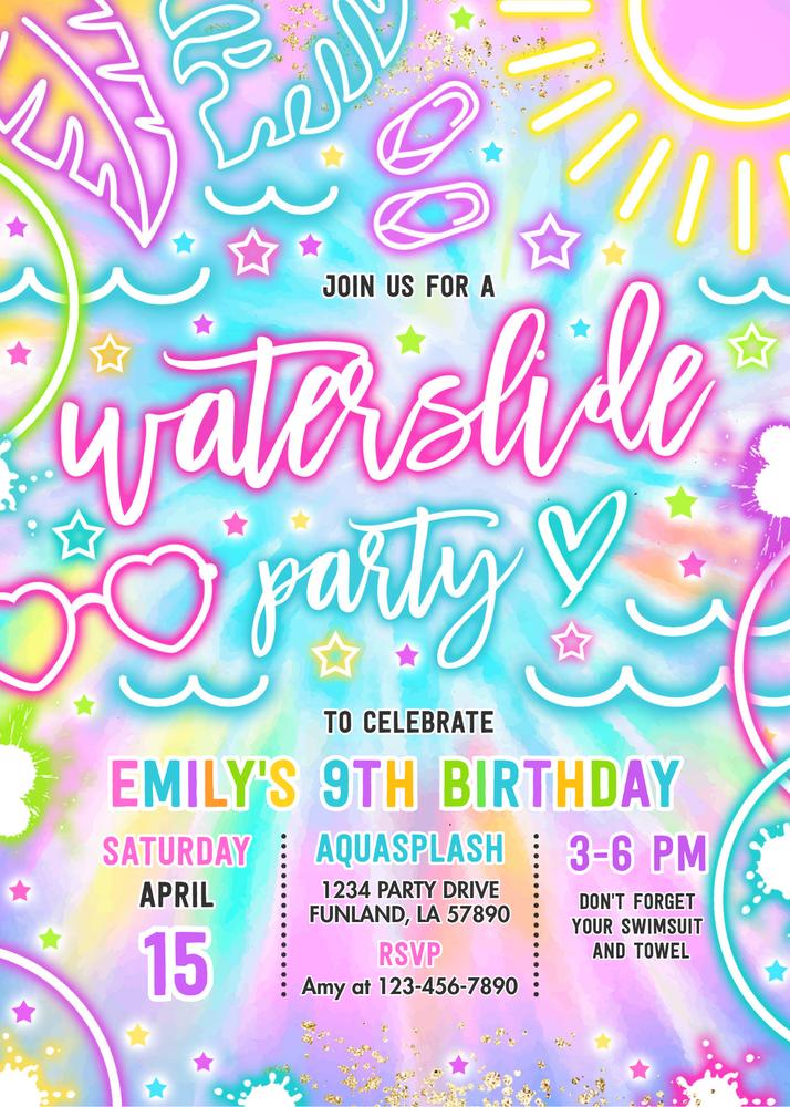 Glow Neon Tie Dye Water Slide Birthday Party Invitation | Canva Template