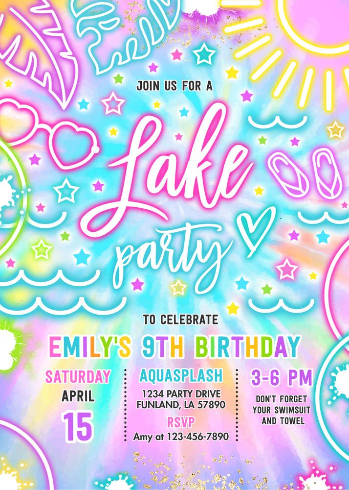 Glow Neon Tie Dye Lake Birthday Invitation | Editable Canva Template