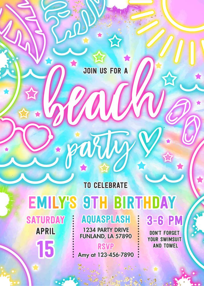 Glow Neon Tie Dye Beach Birthday Invitation | Editable Canva Template