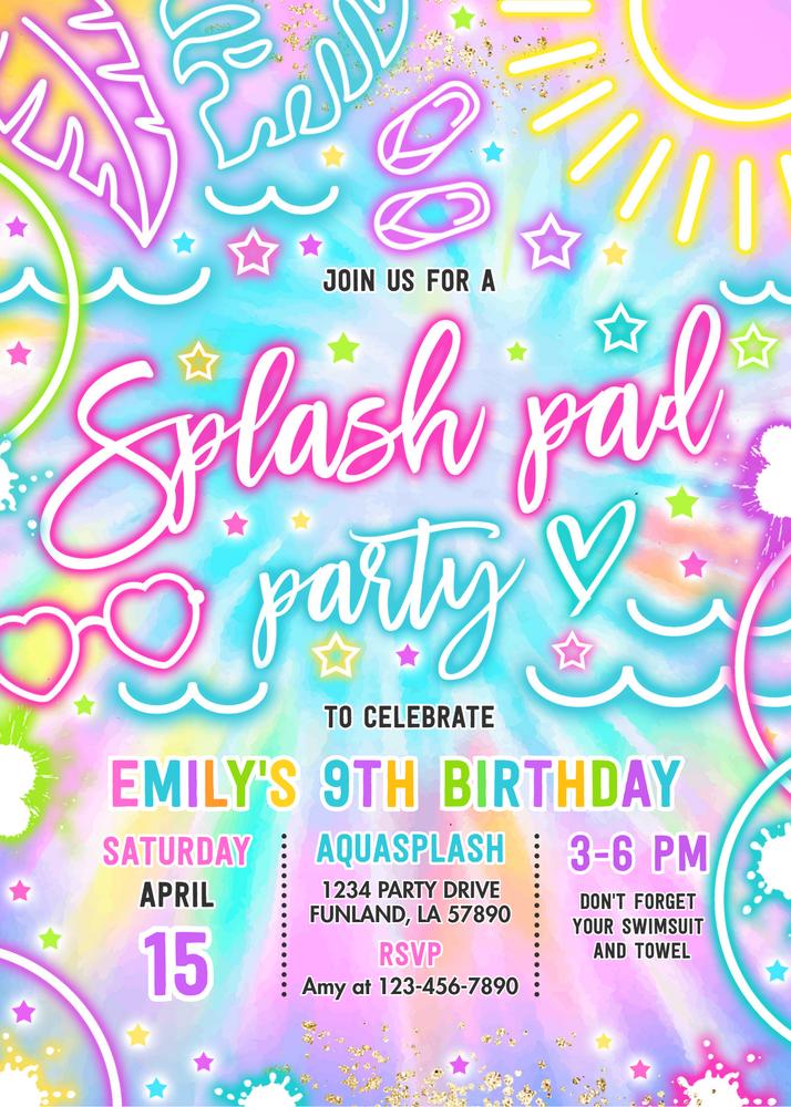 Glow Neon Tie Dye Splash Pad Birthday Party Invitation Canva Template