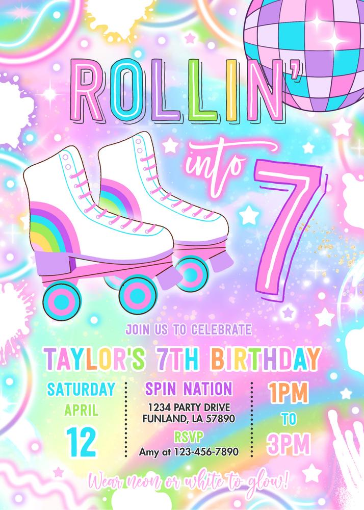 Neon Roller Skating 7th Birthday Invitation - Glow Party Canva Template