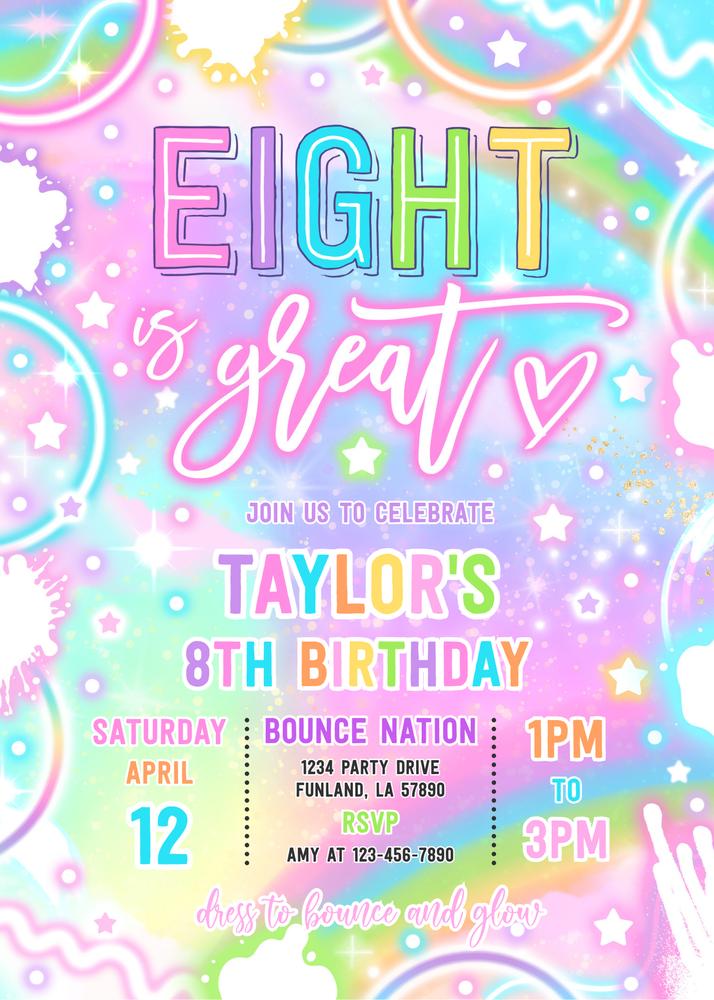 Eight is Great Neon Disco 8th Birthday Invitation | Editable Canva Template