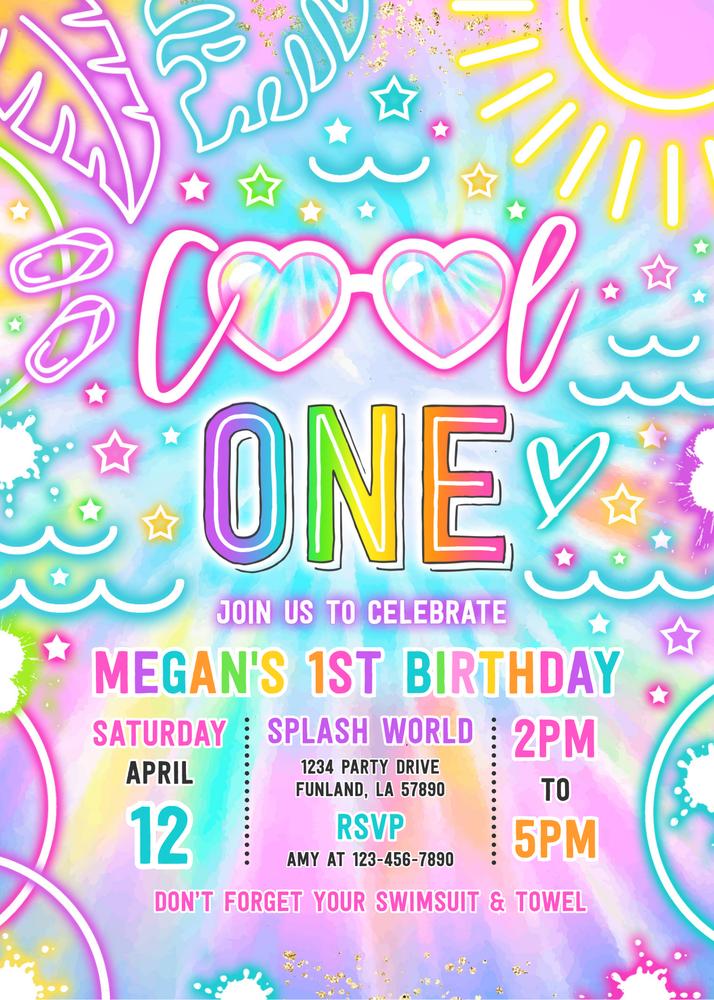 Glow Neon Tie Dye Cool One Pool 1st Birthday Invitation Canva Template