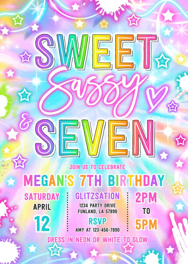 Neon Glow 7th Birthday Invitation | Sweet Sassy and Seven Canva Template