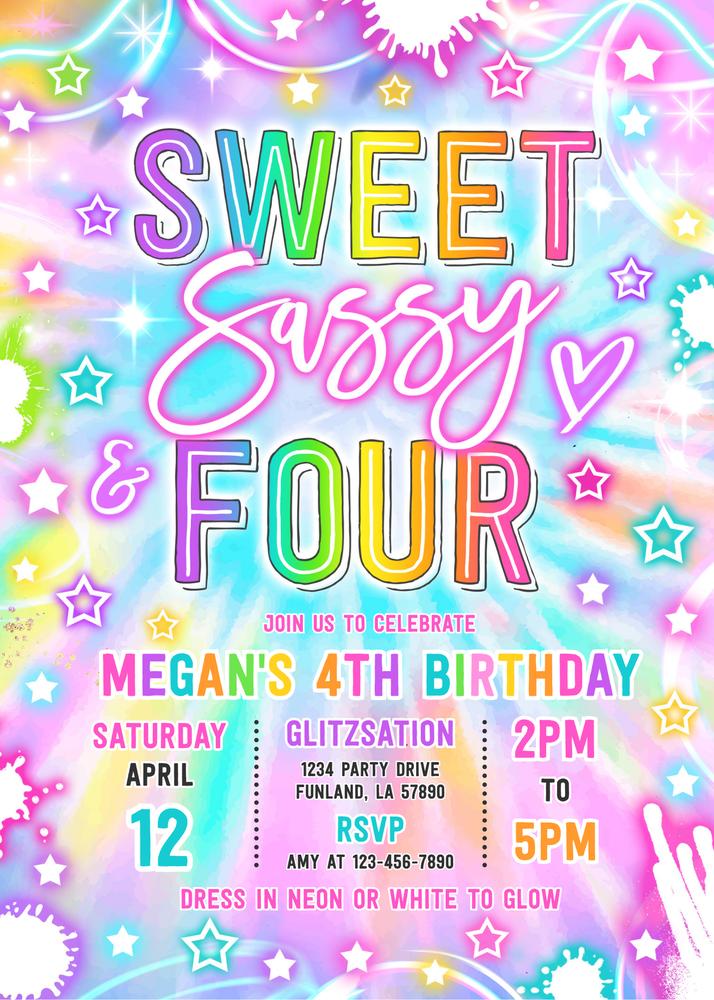 Neon Glow Sweet Sassy and Four 4th Birthday Invitation Canva Template