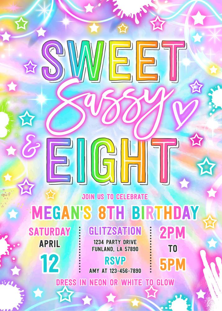 Neon Glow Sweet Sassy and Eight 8th Birthday Invitation Canva Template