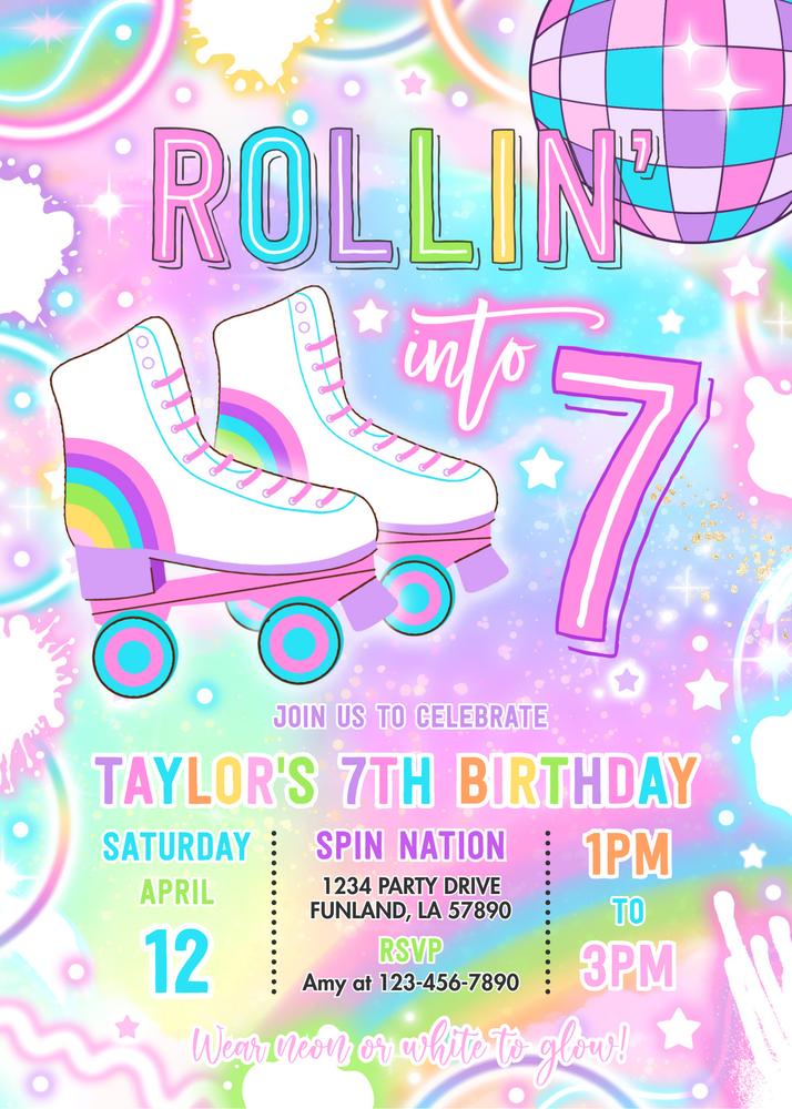 Neon Roller Skating 7th Birthday Invitation | Glow Party Canva Template