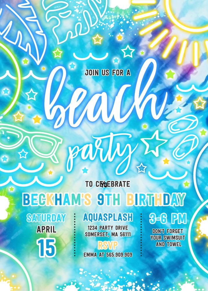 Glow Neon Tie Dye Beach Boat Party Invitation | Editable Canva Template