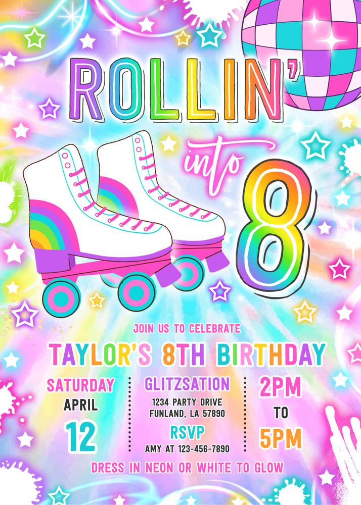 Neon Roller Skating 8th Birthday Invitation | Glow Party Canva Template