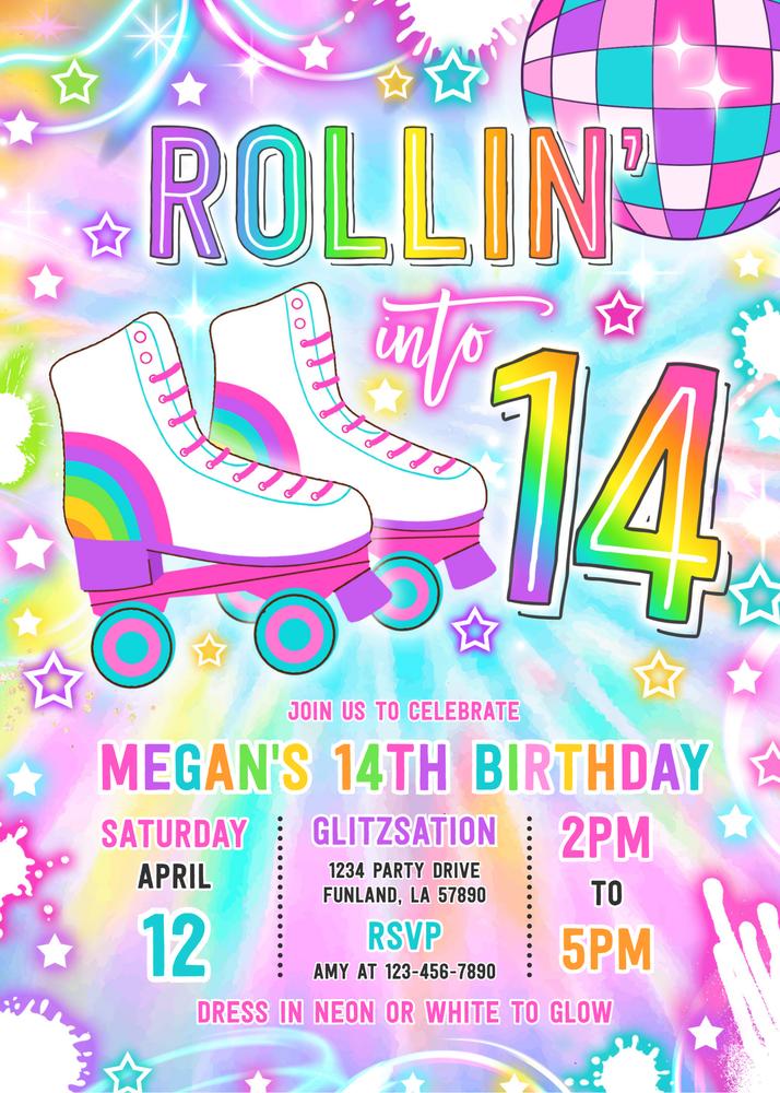 Neon Glow Roller Skating 14th Birthday Invitation | Editable Canva Template