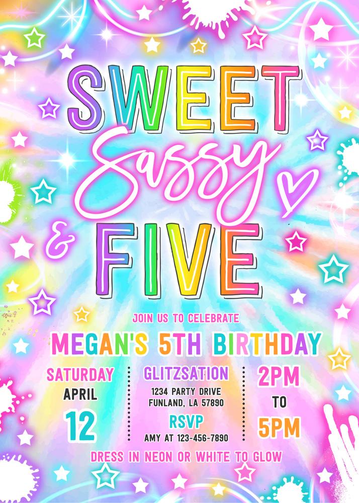 Neon Glow Sweet Sassy and Five 5th Birthday Invitation Canva Template