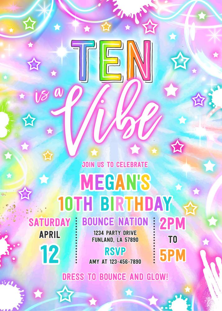 Ten Is A Vibe Neon Glow 10th Birthday Invitation | Editable Canva Template