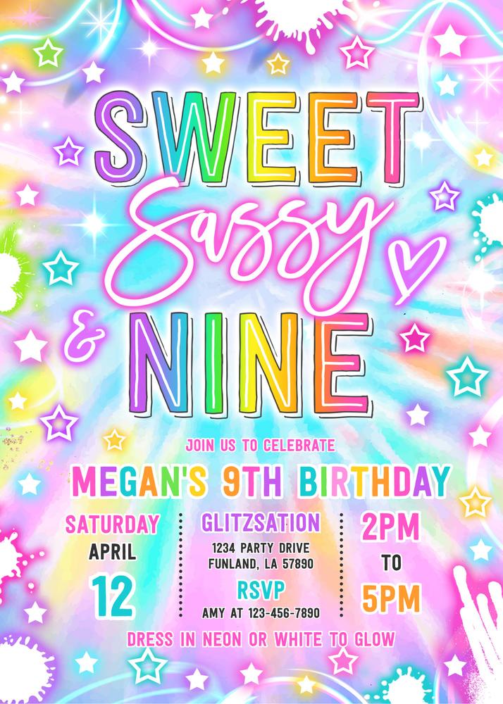 Neon Glow Sweet Sassy and Nine 9th Birthday Invitation Canva Template