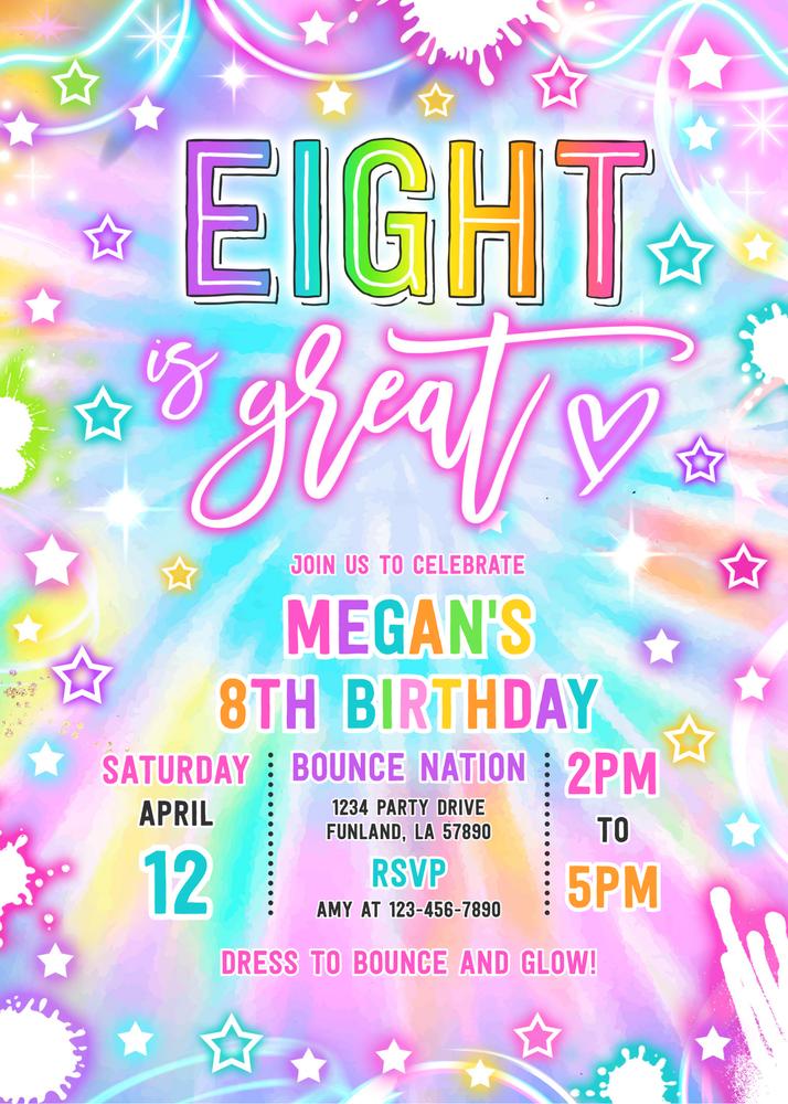 Editable 8th Birthday Invitation | Eight Is Great Neon Glow Party Template