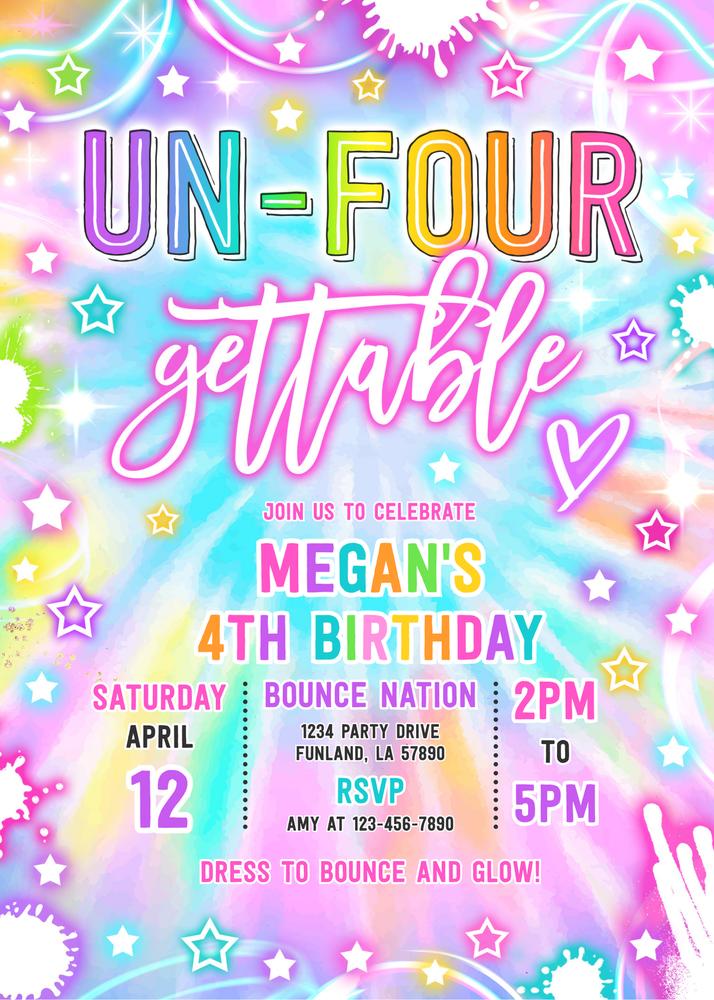 Un-Four-Gettable Neon Glow Disco 4th Birthday Party Canva Invite Template