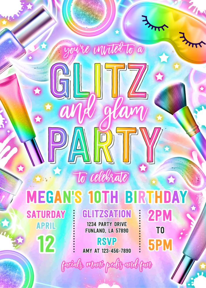 Neon Glow Spa & Makeup Birthday Party Invitation - Editable Canva Template