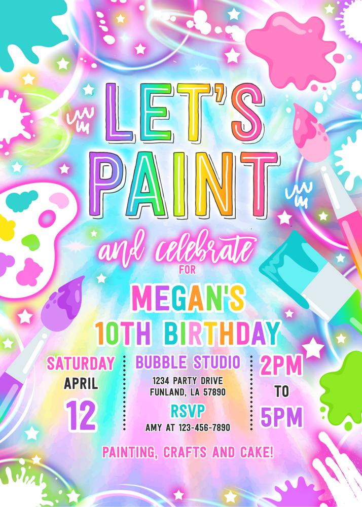 Neon Glow Paint and Sip Pottery Birthday Party Invitation Canva Template