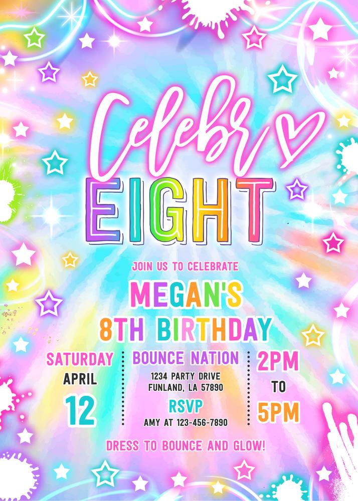 Neon Disco 8th Birthday Invitation | Editable Glow Party Canva Template