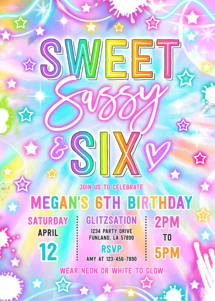 Neon Glow Sweet Sassy and Six 6th Birthday Invitation Canva Template