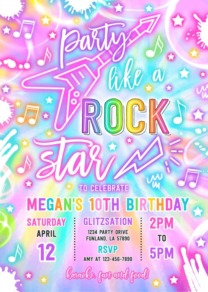 Neon Glow Rockstars Birthday Invitation - Editable Canva Template