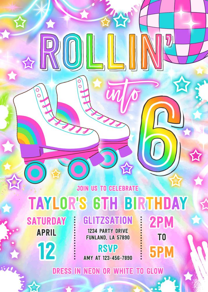 Neon Roller Skating 6th Birthday Invitation | Glow Party Canva Template