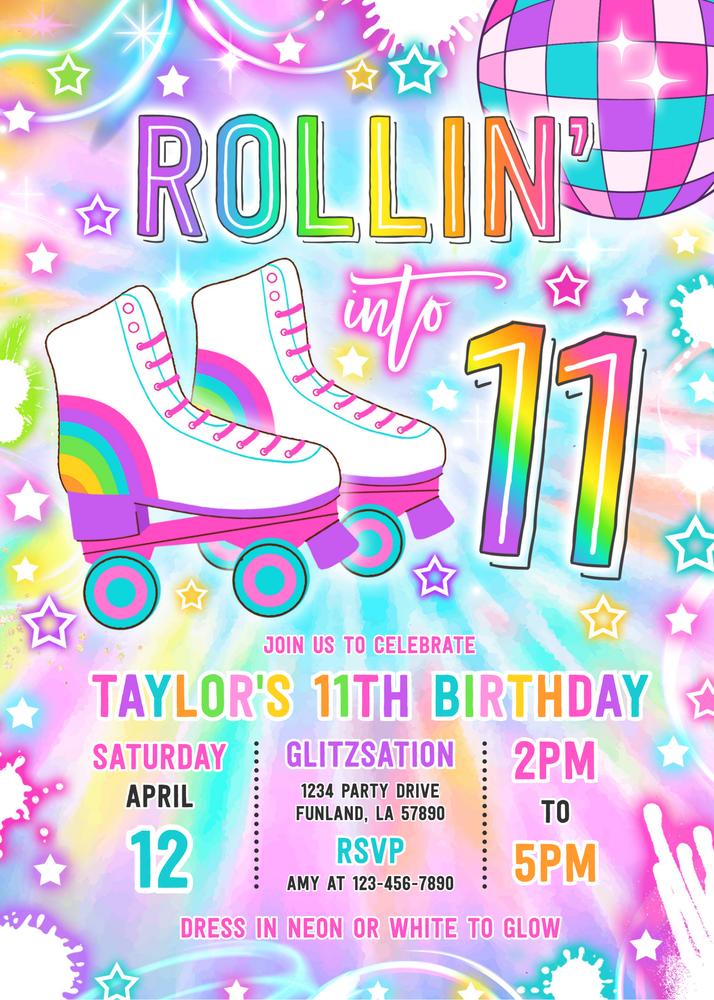 Neon Glow Roller Skating 11th Birthday Invitation | Editable Canva Template