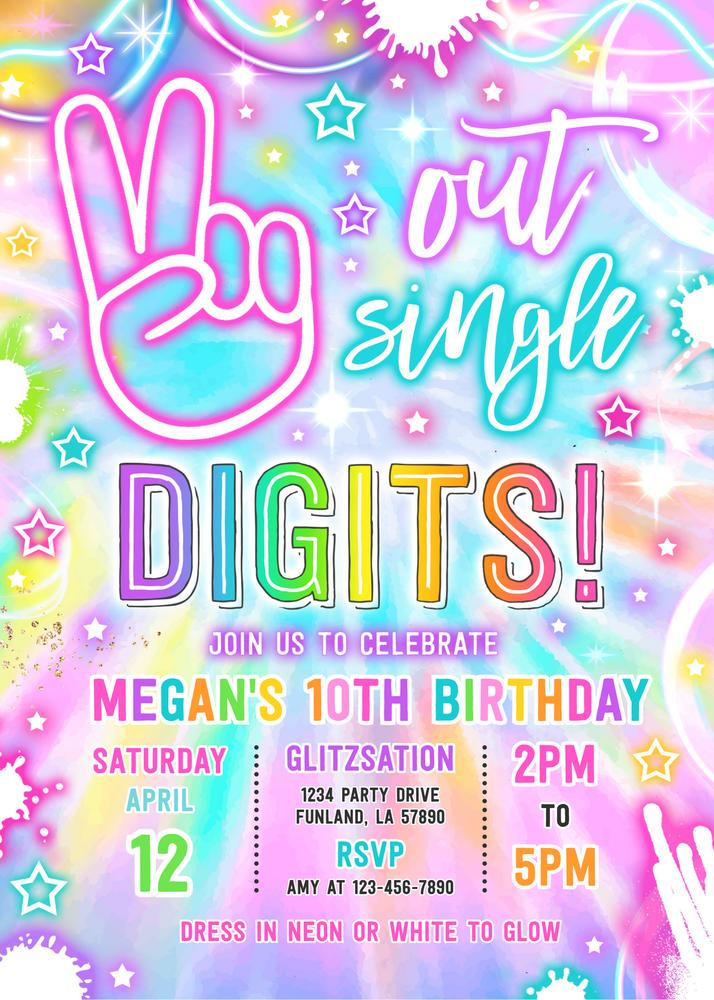 Neon Glow Peace Out Single Digits 10th Birthday Invitation Canva Template