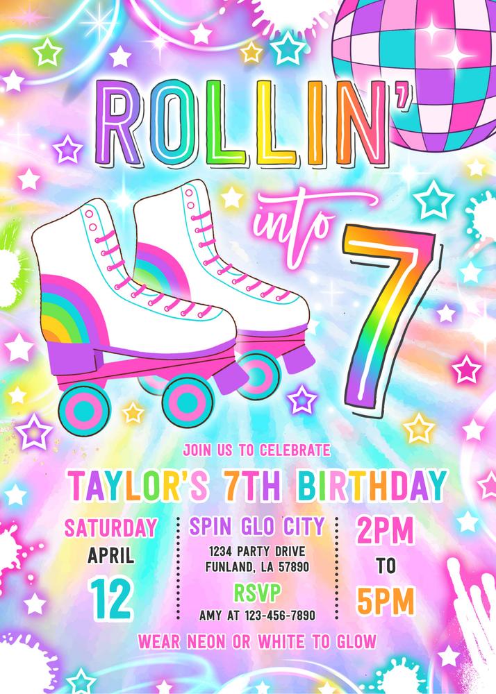 Neon Roller Skating 7th Birthday Invitation | Glow Party Canva Template