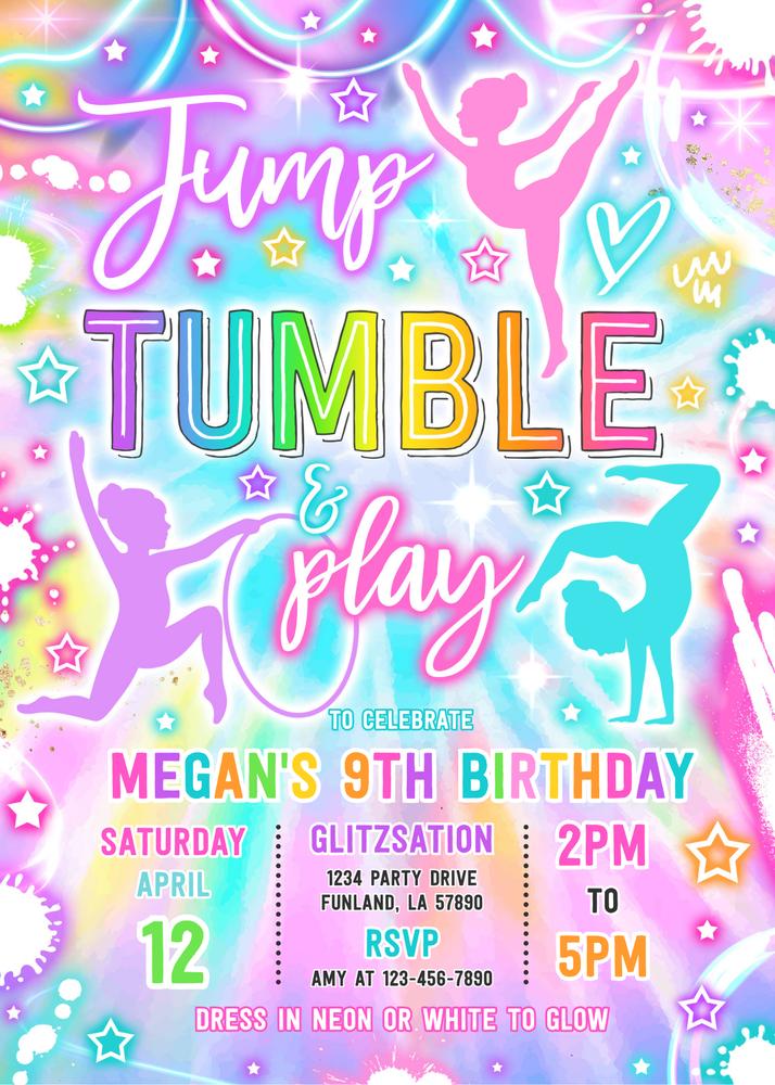 Neon Glow Gymnastics Birthday Invitation | Editable Canva Template Tumble & Play