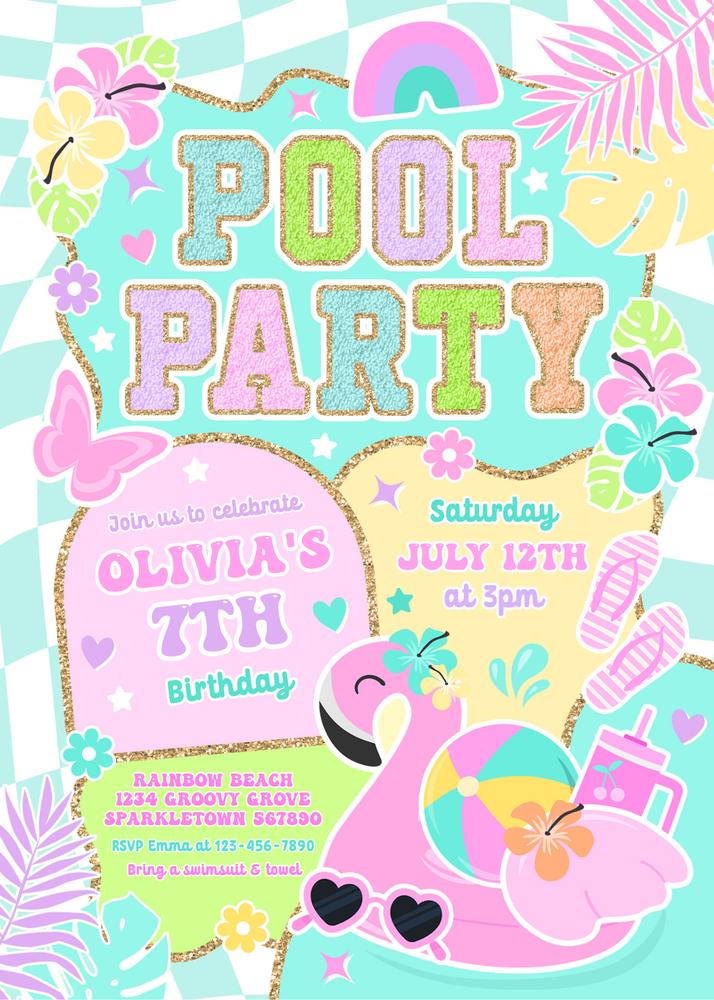 Editable Preppy Pool Party Varsity Invitation | Trendy Canva Template