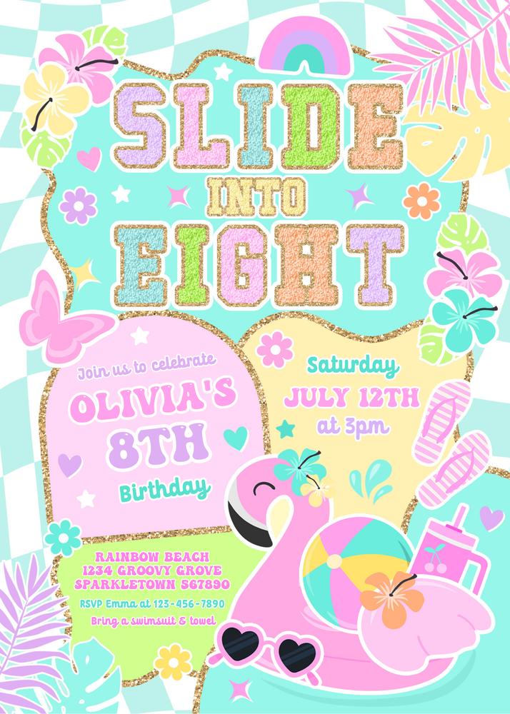 Editable Preppy 8th Birthday Pool Party Invite | Slide Into Eight Canva Template
