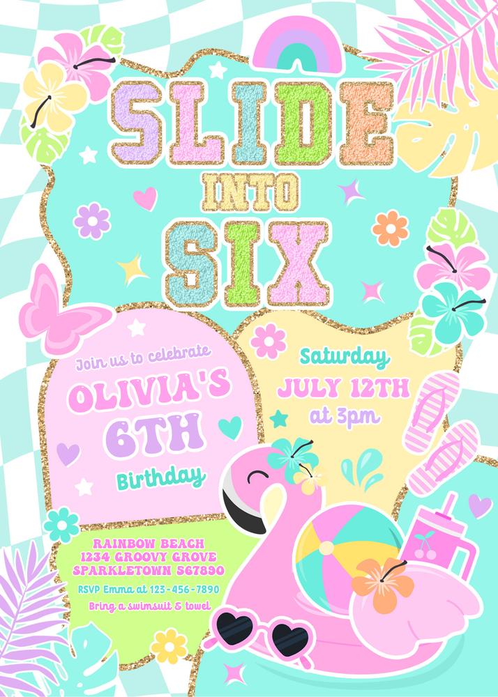 Preppy 6th Birthday Pool Party Invitation Template | Slide Into Six Canva