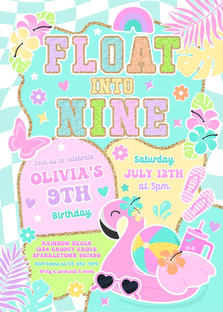 Preppy Float Into Nine 9th Birthday Pool Party Invitation Canva Template