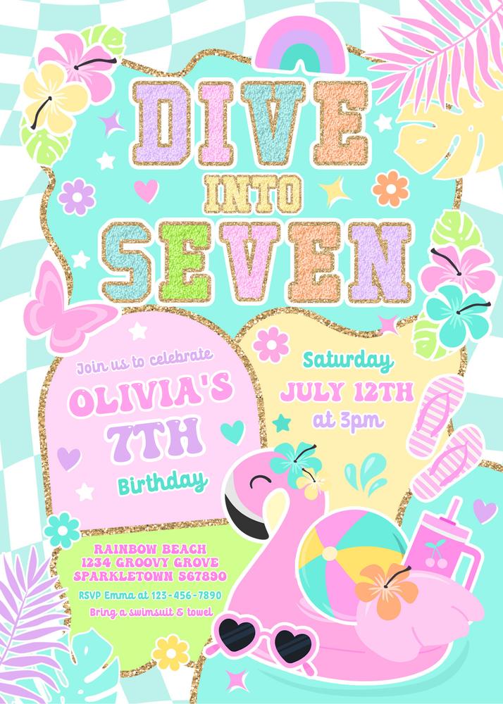 Preppy Dive Into Seven 7th Birthday Pool Party Invitation Canva Template